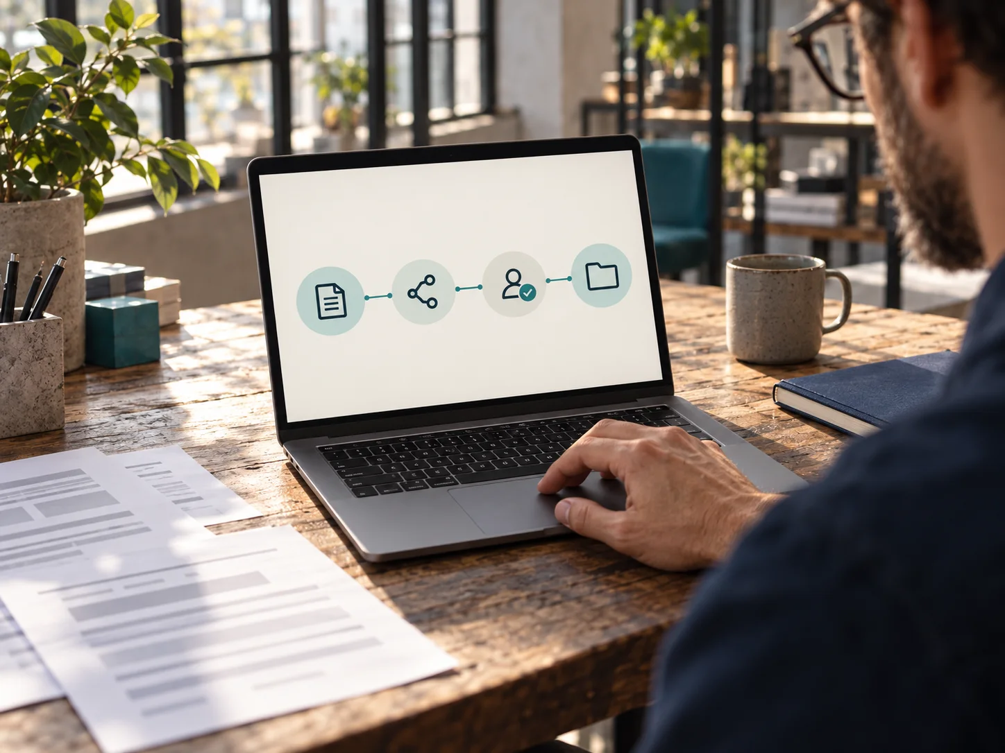 AI-generated editorial illustration: a professional reviewing an automation workflow on a laptop beside work documents.