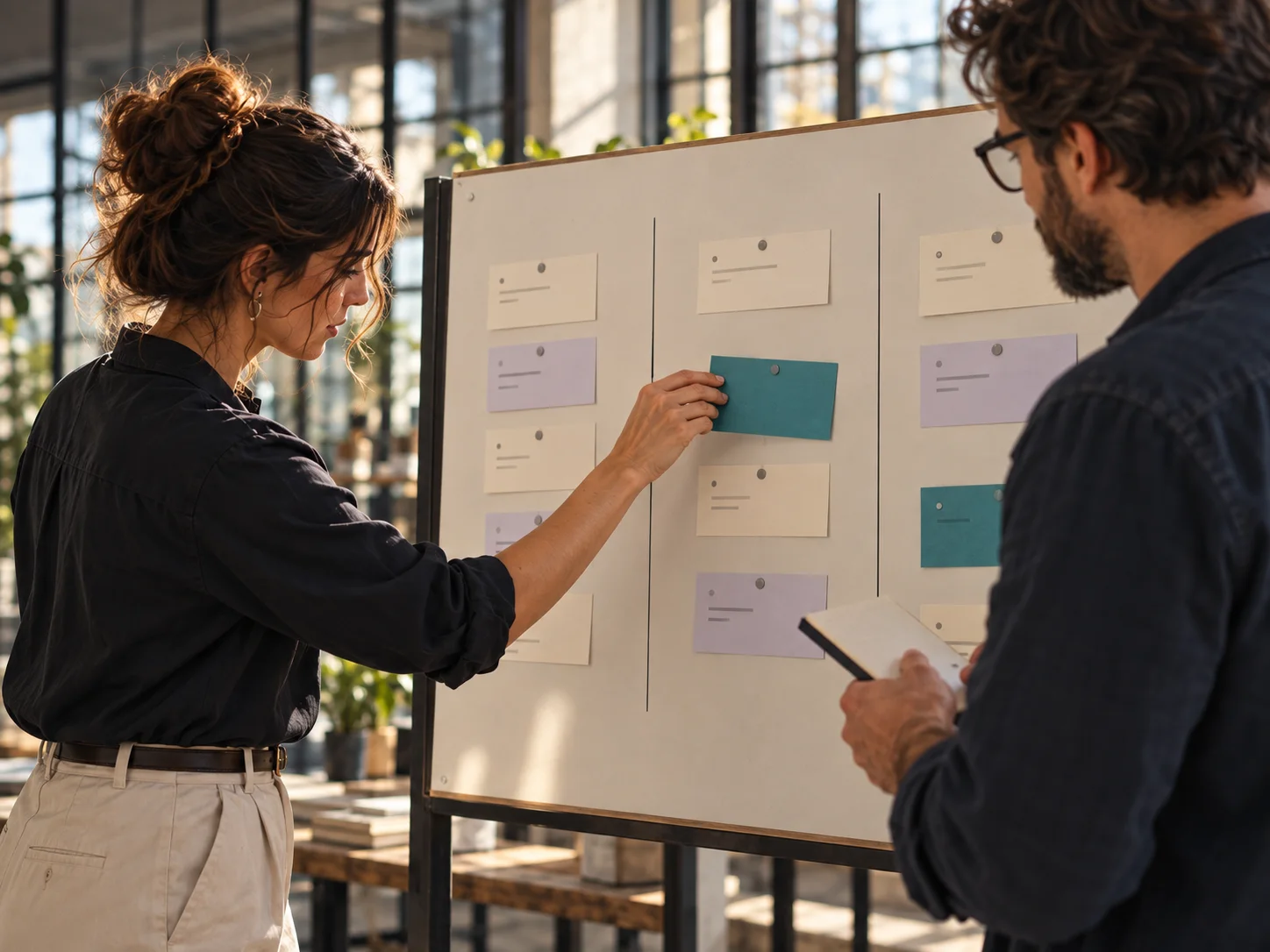 AI-generated editorial illustration: two people organising task cards on a planning board.