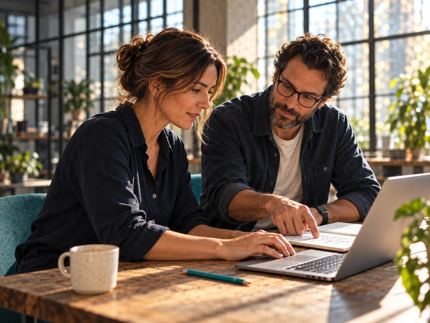 AI-generated editorial illustration: a person practising on a laptop with guidance from a trainer beside them.